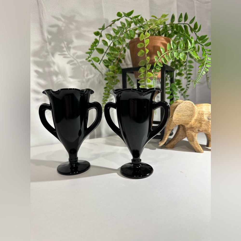 Vintage L.E. Smith Black Amethyst Loving Cup Trophy Vases